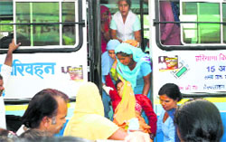 Sunita being taken to the civil hospital in Hisar on Friday. Photo: Bansi Lal Basniwal