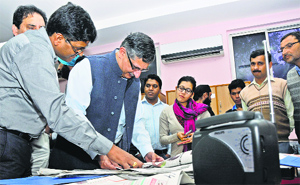 Chief Electoral Officer Umang Narula during the inauguration of the expenditure monitoring centre in Jammu on Friday.