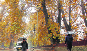People walk holding umbrellas in their hands on a road in Srinagar on Friday. More rain and snow are likely in the region.
