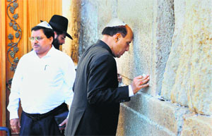 Home Minister Rajnath Singh prays at the Judaisms holy site Western Wall during his visit to Israel in Jerusalem on Friday