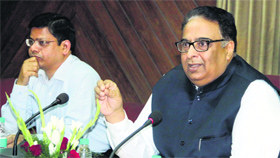Chief Secretary Sarvesh Kaushal and Principal Secretary, Technical Education, Rakesh Verma at a meeting with ITI principals in Jalandhar on Friday.