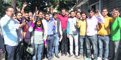 ABVP activists hold a protest in front of the District Magistrates office in Dehradun on Friday against playing of tambola at MKP (PG) Girls College. Tribune photo: Vinod Pundir