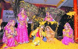 Artistes perform at a cultural festival at Didihat in Pithoragarh district on Friday. Photo: sanju pant