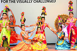 Visually challenged girls dance during the all-India dance competition at Tagore Theatre in Chandigarh