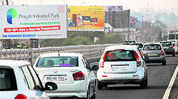 Hoardings put up near the railway flyover on the Kalka-Ambala national highway at Dera Bassi