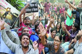 Hindu Sena activists (L) shout slogans against Kiss of Love, and (R) supporters of Kiss of Love protest near RSS office in New Delhi on Saturday