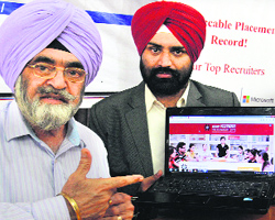 Representatives of Chandigarh University launch an online placement programme in Jalandhar on Saturday. 
