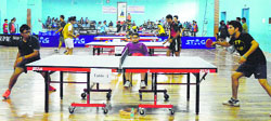 Players in action during the 55th Punjab State Inter-District Table Tennis Championship in Ludhiana on Saturday. Photo: Inderjeet Verma