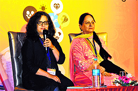 Dayanita Singh (left), a renowned photographer, along with her mother Nony Singh, interacts with the audience at the Lake Club in Chandigarh on Sunday. Tribune Photo: S Chandan
