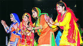 Students of Golden Bells Public School, Sector 77, Mohali, present giddha during the annual function at Tagore Theatre on Sunday. 