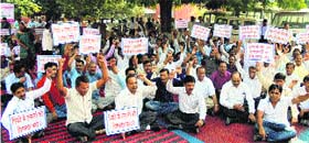 Doctors protest at the Civil Hospital in Jind on Sunday