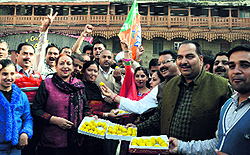 BJP leaders and workers celebrate in Mandi as JP Nadda became Cabinet minister on Sunday
