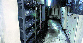 Batteries burnt in a fire due to short circuit at the Super Speciality Hospital in Jammu on Sunday.
