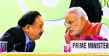 Prime Minister Narendra Modi with Union Minister for Health and Family Welfare Harsh Vardhan at the valedictory function of the 6th World Ayurveda Congress in New Delhi on Sunday