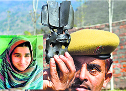 A policeman displays a mortar shell; and (inset) the 17-year-old girl who was killed by cross-border shelling in the Uri sector on the LoC on Sunday