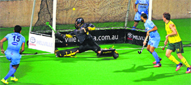 SK Uthappa (L) scores the third goal for India in the fourth and final match of the hockey series against Australia in Perth on Sunday.