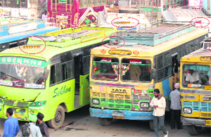 A view of buses with pressure horns atop parked at Shaheed Madan Lal Dhingra Inter-State Bus Terminus in Amritsar on Monday.