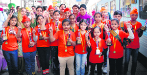 Winners of 10th North India SIP Abacus, Mental Arithmetic and Brain Gym Competition show their prizes in Amritsar on Monday.