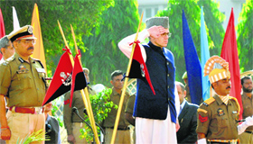 Chief Minister Omar Abdullah takes the salute during the guard of honour on the first day of the reopening of the Civil Secretariat in Jammu on Monday.