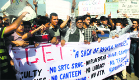 Students of Government College for Engineering and Technology hold a protest in Jammu on Monday.