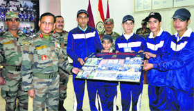 Lt Gen Subrata Saha, GOC of the Srinagar-based 15 Corps, with participants of the educational tour in Srinagar on Monday.
