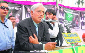 PDP patron Mufti Mohammad Sayeed addresses a rally in Samba district on Monday.