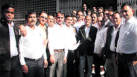 Lawyers hold a protest demonstration at the District Magistrates office in Dehradun on Monday.