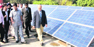 Upendra Tripathy (in grey suit), Secretary of the Union Ministry of New and Renewable Energy, and UT Adviser KK Sharma (extreme right), at the GCG-11 in Chandigarh on Tuesday.