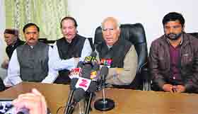 BJP MP Shanta Kumar addresses mediapersons in Chamba on Tuesday.