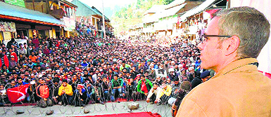 Chief Minister Omar Abdullah addresses a rally in the Banihal Assembly Constituency on Tuesday. 