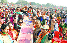 BJP workers raise pro-party slogans at an election rally in the Jammu region. 