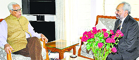 Prof RD Sharma, officiating Vice Chancellor of University of Jammu, calls on Governor NN Vohra, Chancellor of the university at the Raj Bhawan in Jammu on Tuesday