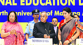 President Pranab Mukherjee with Union Minister for Human Resource Development Smriti Irani and Union Minister for Minority Affairs Dr Najma Heptulla in New Delhi on Tuesday. 