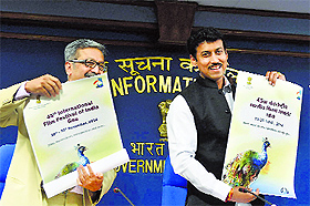 Minister of State for Information and Broadcasting Rajyavardhan Singh Rathore releases a poster on the 45th International Film Festival of India, in New Delhi on Tuesday. 