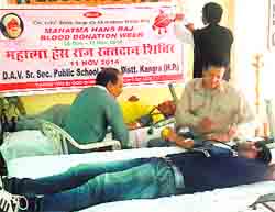 Parents of students and teachers donate blood at DAV School in Kangra on Tuesday