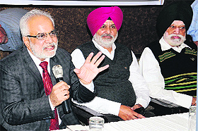 Gurmeet Singh Dhaliwal, chairman, Baba Farid Group of Institutions, interacts with mediapersons in Bathinda on Wednesday. 