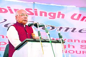 Governor Kaptan Singh Solanki addresses a gathering at Chaudhary Ranbir Singh University in Jind on Wednesday