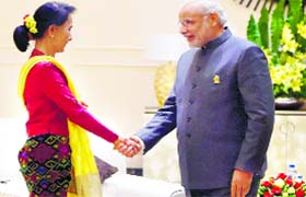PM Narendra Modi meets Myanmars opposition leader Aung San Suu Kyi on Wednesday