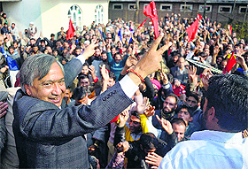 CPM legislator Muhammad Yousuf Tarigami addresses an election rally after filing nomination papers for the second phase of Assembly polls in Kulgam district on Wednesday. 