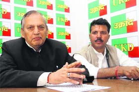 UKD leader BD Raturi addresses a press conference in Dehradun on Wednesday