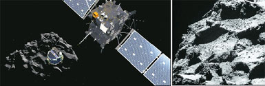 A artists impression made available by the European Space Agency shows lander Philae separating from the Rosetta spacecraft and descending to the surface of comet 67P/Churyumov-Gerasimenko; and (right) an image of the comet captured from a distance of about 7.8 km from its surface. The probe will examine the surface of a comet, starting a seven-hour descent that is seen as the most difficult phase of a ten-year mission