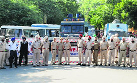 Policemen deployed near the site of protest by anganwari workers;