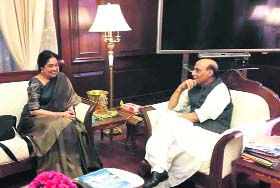 MP Kirron Kher interacts with Union Home Minister Rajnath Singh in New Delhi