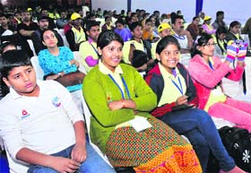 Students participate in a science lecture at the 41st Jawaharlal Nehru National Science, Mathematics and Environment Exhibition at Leisure valley, Sector 10, in Chandigarh on Thursday