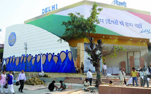 Delhi Pavilion getting ready for the India International Trade Fair-2014 at Pragati Maidan in New Delhi on Thursday. Tribune photo: Manas Ranjan Bhui