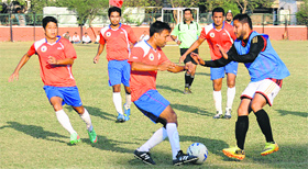 Players in action during a match at the Football Stadium in Sector 17, Chandigarh, on Friday.