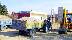 A seized tractor-trailer at the Gannaur police station on Friday