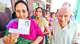 Displaced Pandits after casting their votes in the recent Lok Sabha polls in Jammu.