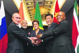 BRICS bigwigs at G20: (L-R) Russian President Vladimir Putin, PM Narendra Modi, Brazilian President Dilma Rousseff, Chinese President Xi Jinping and South African President Jacob Zuma during G20 Summit in Brisbane on Saturday