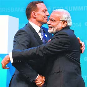 Australian PM Tony Abbott welcomes PM Narendra Modi in Brisbane on Saturday